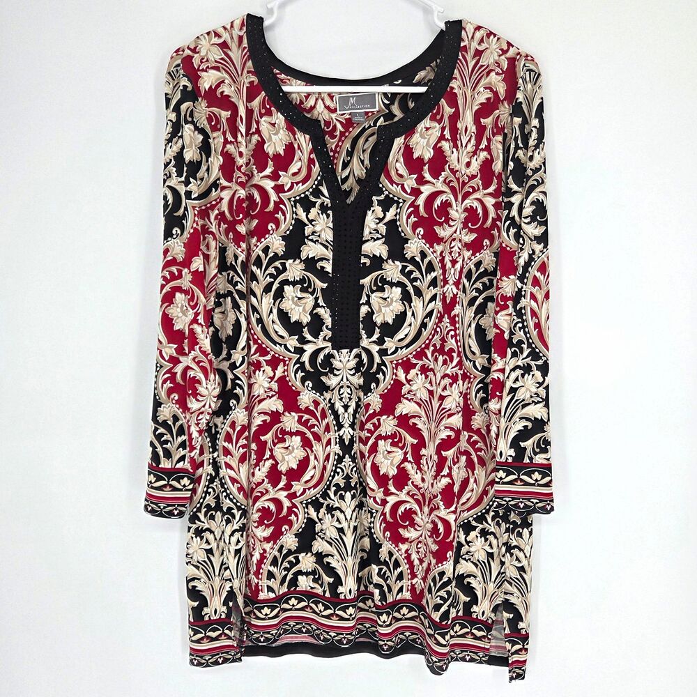 JM Collection Womens Floral Print Studded Mandarin Collar 3/4 Sleeve Tunic Large